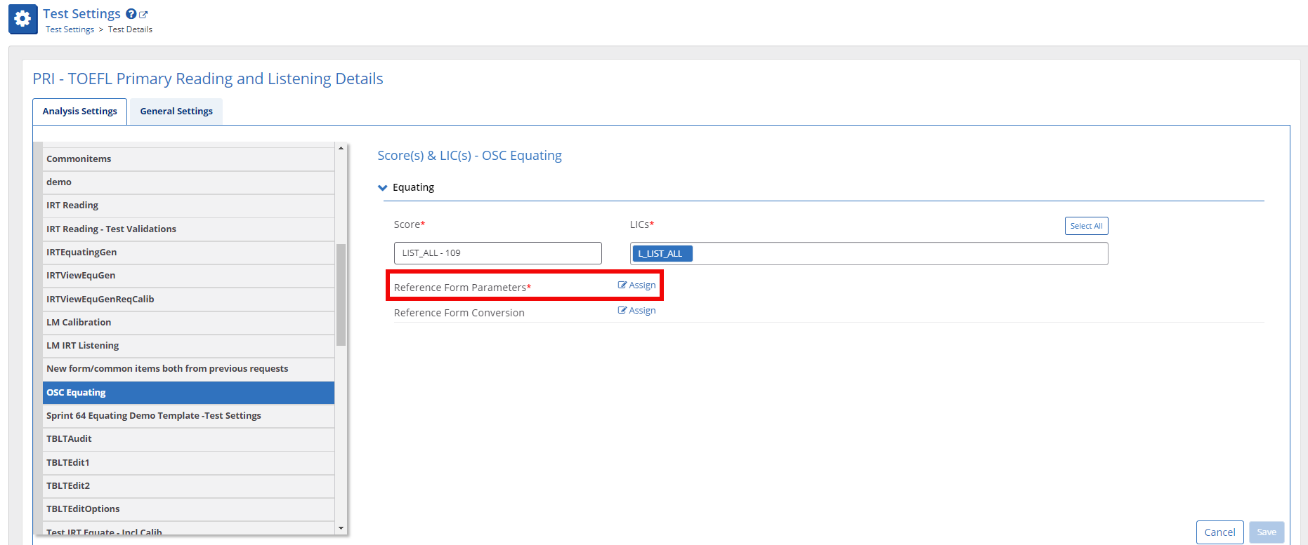 Equating test settings params